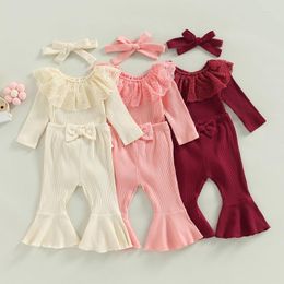 Clothing Sets 0-24months Baby Girl 3pcs Spring Fall Outfits Long Sleeve Lace Collar Romper Bow Flare Pants Headband Set Infant Girls