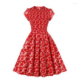 Party Dresses Women Summer Desig Red Short Sleeve O Neck Flower Floral Printed Vintage Casual Skater Dress