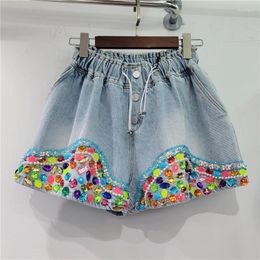 Women's Jeans Women Colours Crystal Diamond Denim Shorts Korean Elastic Pleated Waist Drawstring Wide Leg Short Pants 2023 Summer