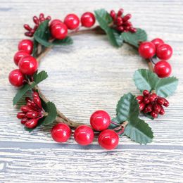 Decorative Flowers 2pcs Red Berry Pine Christmas Wreath Candlestick Ring Garland Xmas Tree Hanging Decor Ornament Home Party Artificial