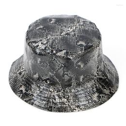 Berets Fashion PU Bucket Hat Leather Fishing Cap Snack Pattern Foldable Hiking Hip-Hop Street Waterproof Panama For Women Men