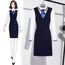 Two Piece Dress 2023 OL Professional Waistcoat Women El Front Desk Reception Uniform Shirt Work Clothes Suit Formal Genuine