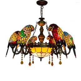 Chandeliers 32 " Stained Glass Style Coloured Parrot Lamp Shades 6 Arm Chandelier With 12 Inches Inverted Ceiling Pendant