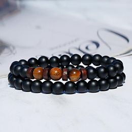 Strand 2pcs/set Fashion Tiger Eye Stone Beads Yoga Bracelet Wood Lovers Distance Couple Bracelets Friendship Jewellery