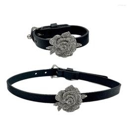 Necklace Earrings Set Romantic Camellia Flower Choker And Bracelet Soft Black Leather Collar Chain Party Jewelry For Women