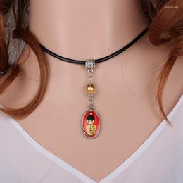 Pendant Necklaces Enamel Japanese Kimono Doll Cartoon Anime Beautiful Sakura Girl Necklace Black Leather For Women Jewelry Gift