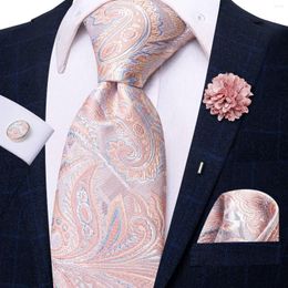 Bow Ties Paisley Pink Tie With Brooch Silk Elegent Necktie For Men Handky Cufflink Fashion Wedding Business Party Hi-Tie Designer