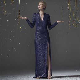 Navy Blue Sheath Mother of the Bride Dresses with Long Sleeve Sequin V Neck Wedding Party Evening Gowns Side Split