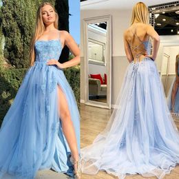 Stunning Square Neck Prom Dresses With Slits Criss Cross Straps A Line Evening Party Gowns Exposed Boning Country Vestidos De Noche 326