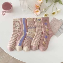 Socks Hosiery Pink female socks heart print sweet girls japanese cute socks fashion casual harajuku jk lolita ruffles female socks P230517