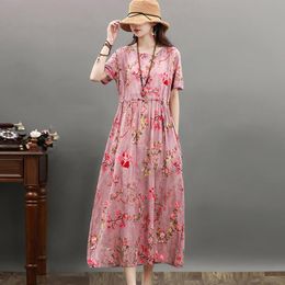 Dresses 2023 New Arrival Thin Soft Cotton Linen Loose Summer Dress Draw String Print Floral Prairie Chic Travel Casual Women Dress