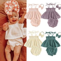 Clothing Sets FOCUSNORM 5 Colors Lovely Baby Girls Summer Clothes 3PCS Solid Ruffles Sleeveless Shirred Dress Vest Shorts Hairband 0-24M