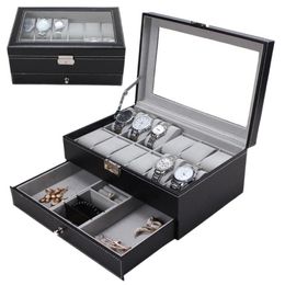 New 12 Grids Slots Double Layers PU Leather Watch Storage Box Professional Watch Case Rings Bracelet Organiser Box Holder294P