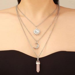 Pendant Necklaces Antique Silver Color Sun Moon Pendants & Lovers Retro Short Chain Natural Stone Choker Necklace Friends Women Jewelry