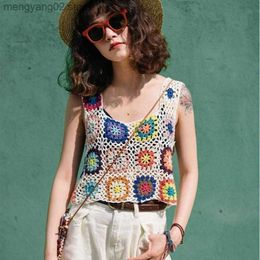 Women's Tanks Camis Fashion Women's Crop Tops Sleeveless Tops Colourful Hand Crochet Embroidery Openwork Knit Tank Top Summer Camis Streetwear Y2k T230517