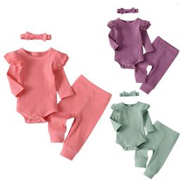 Clothing Sets Born Baby Girls Long Sleeve Clothes Set Solid Color Knitted Romper Top Infant Pants With Headband Casual Suit