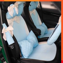 New Four Season Leather Car Seat Neck Headrest Pillow Light Blue with Rhinestone Decoration for Women Interior Accessories Universal