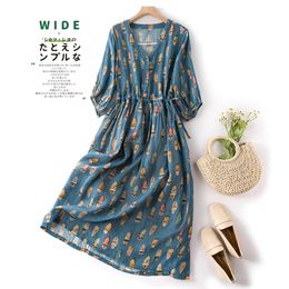 Dresses Seaside travel vacation print dress women's summer new fashion drawstring collection in the long paragraph cotton linen dress