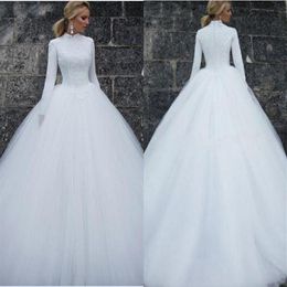 High Neck Muslim Wedding Dresses White Ivory Long Sleeves Floor Length Cheap Bridal Gowns Custom Size Wedding Dresses Bridal Gowns179T
