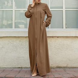 Ethnic Clothing Abaya Muslim Arab Robe Solid Simple Temperament Cotton Linen Long Sleeve Dresses Fashion Stand Collar Loose Zipper Dress