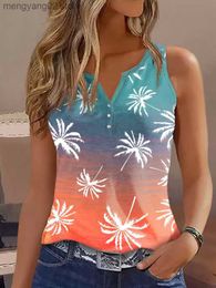 Women's Tanks Camis Gradient Coconut Tree Button Tank Tops Women Summer Beach Vacation Sleeveless Shirt Casual Notched Neck Holiday Vest Tops Tee T230517