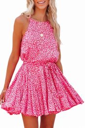 pink Leopard Print Sleeveless Mini Dress with Waist Tie C8B8#