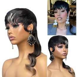 180Density Full Brazilian Hair Short Pixie Cut Wigs Highlight Blonde Wig With Bangs Body Wave Glueless Ombre Human Hair Wigs For Women