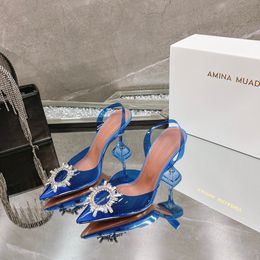 Amina Muaddi Begum Туфли-лодочки из ПВХ, украшенные кристаллами Обувь Spool Сандалии на шпильке Женские дизайнерские модельные туфли Вечерняя обувь с ремешком на пятке Фабрика обуви 546