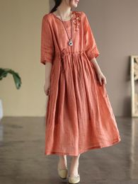 Dress Women Summer Casual Dress New 2022 Vintage Style Floral Embroidery Loose Comfortable Female Cotton Linen Long Dresses B1867