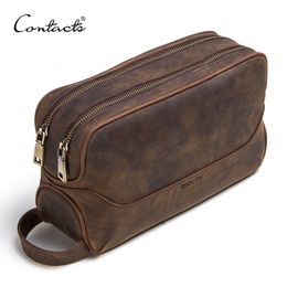 Cosmetic Bags Cases CONTACT'S crazy horse genuine leather men's cosmetic bag male toiletry bag vintage wash bags man's make up bags travel organizer 230516