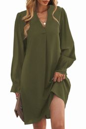 green Split V Neck Ruffled Sleeves Shirt Dress C1Ny#