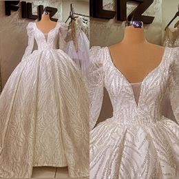 Glamorous Ball Gown Wedding Dresses V-neck Long Sleeves Shining Applicant Backless Classical Pleats Court Gown Custom Made Bridal Gown Vestidos De Novia