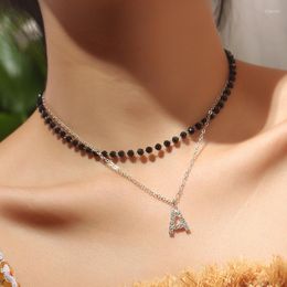 Pendant Necklaces MiFaViPa Fashion Trinket Crystal Black Beads Choker Necklace For Women A Letter Collar Multi-Layer