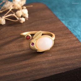 Cluster Rings Creative Design Ring Copper Gold Plated Cute Simple Wind Inlaid Hetian Jade Zircon Opening Adjustable Women's
