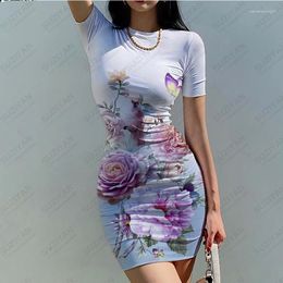 Party Dresses 2023 Summer Women's Dress 3D Printed Colorful Flower Temperament Sexy Hawaiian Style Tight Round Neck Short Sleeve