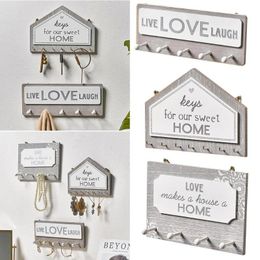 Hooks & Rails Wall Hanging Wood Key Hanger Holder Organizer Rack Coat Decoration Home House Shape Rectangle J3G4