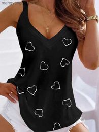 Women's Tanks Camis Women Heart Print Casual Tank Top Summer Casual V-Neck Sleeveless Shirt Loose Fit Cute Simple Tunic Fashion Black Blouse y2k T230517