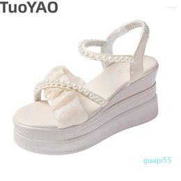 Dress Shoes Platform Pearl Sandals Women Summer Breathable Wedges 9CM High Heels Ladies Crystal Beach Slippers Chunky Sandalias Mujer