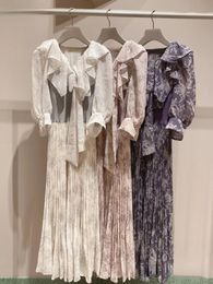 Dress Kuzuwata Japanese Wood Ears High Waist Slim Vestidos 2023 Spring Elegant Navy Collar Long Dresses Pleated Printed Spliced Robe