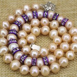 Chains Natural Orange Nearround Pearl 9-10mm Beads Chain Necklace For Women Purple Spacers Crystal Choker Charms Jewelry 18inch B3112