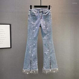 Women's Jeans High-waist Stretch Pearl Denim Women's Trousers Spring 2023 Slim-fit Diamond-studded Beaded Flared Female