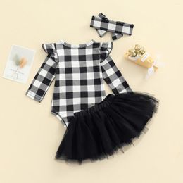 Clothing Sets 2023 3 Pieces Baby Suit Set Plaid Round Neck Long Sleeve Romper Skirt Headband For Girls Red/Black 0-18 Months