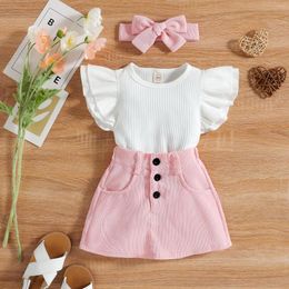 Clothing Sets Cotton Condury Three Piece Outfits For Toddler Kids Girls Clothes Set Ruffle Short Sleeve T Shirt Button Pocket Princess