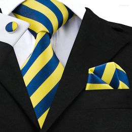 Fliege Hi-Tie Männer Seidenkrawatte Blauer Halssatz 8,5 cm Gestreifte gelbe Einstecktuch-Manschettenknöpfe Formal für Hochzeitsanzug Großhandel