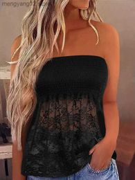 Women's Tanks Camis Women Sexy Strapless Tube Top Lace Splicing Smocked Bandeau Tank Holiday Pleated Tunic Tops Summer Casual Black Sleeveless Shirt T230517