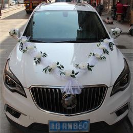 Decorative Flowers Modern Style Weds Marriage Artificial Rose Flower With Yarn Bridal Car Decoration Door Handle Ribbons Bouquets Set