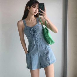 Jeans Fashion Denim Suspender Jumpsuit Shorts For Women 2022 Summer High Waist Slim Overalls Cross Bandage Female Casual Rompers Short