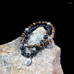 Strand Natural Tiger Eye Stone Matte Black Onyx Bracelet para homens com encantos de liga Fashion Round Beaded Jewelry Gift NSB1053