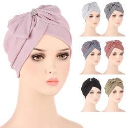 Ethnic Clothing Glitter Spring Summer Women's Turban Caps Soild Colour Bow Headscarf Bonnet Muslim Inner Hijab Islamic Under Scarf