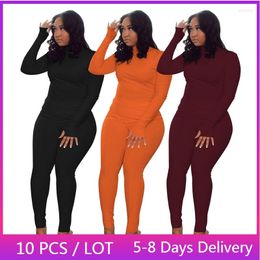 Women's Two Piece Pants Wholesale Items Solid Set Women Sportsweaer Fall Clothes For Tracksuit Slim Long Sleeve Top And Skinny